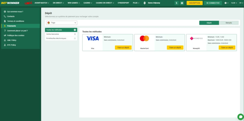 Paiements chez Betwinner Togo